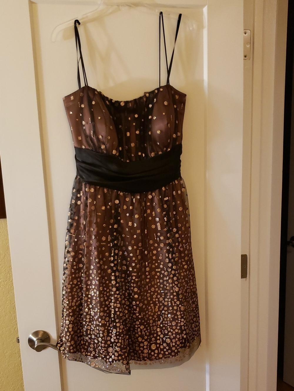 Betsy & Adam Brown Sequin Spaghetti-Strap Cocktail Dress with Black Waist